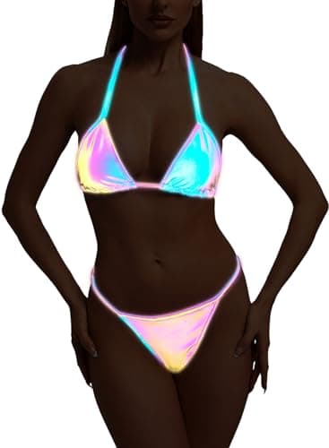 Reflective Rave Outfits for Women - Shiny Halter Bikini Set