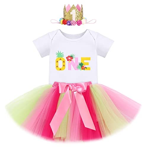 IBTOM CASTLE Baby Girl 1st Birthday Floral Lace Romper & Tutu Set+Crown Photo Clothes