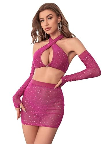 Verdusa Women's Glitter Mesh Halter Top & Skirt Set with Arm Sleeves