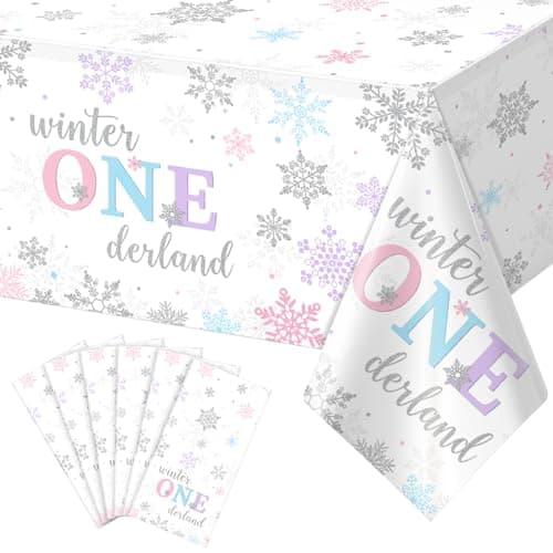 Jectivs 6Pcs Christmas Snowflake Tablecloth Pink & Silver Onederland 1st Birthday Decor 54x108inch