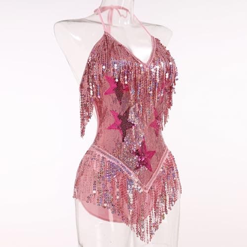 FYMNSI Women’s Sequined Tassel Bodysuit for Festivals and Costumes