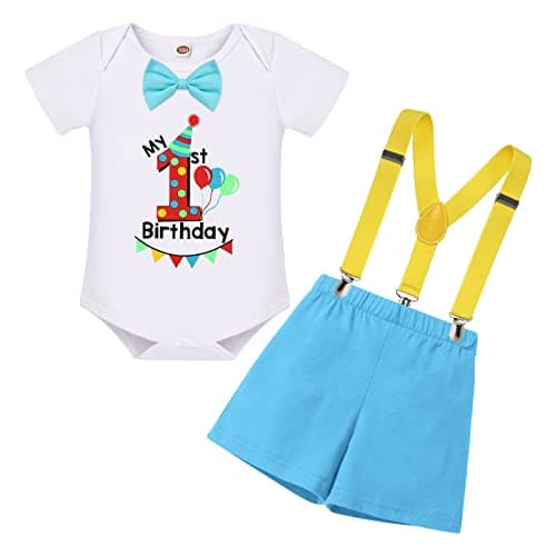 Baby Boy First Birthday Outfit with Bunting Flag Bow Tie Bodysuit Shorts Suspenders