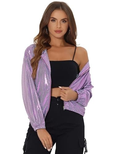 Holographic Shimmer Zipper Hooded Metallic Jacket for Women