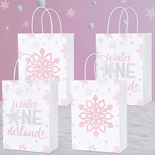 Fangleland Pink Silver Snowflake Birthday Party Bags 16pcs Winter Treats