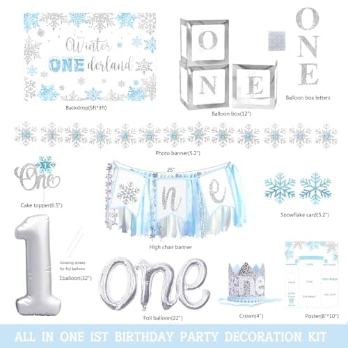 Winter Onederland Birthday Decorations for Boy, Blue Snowflake Banner Highchair Balloon
