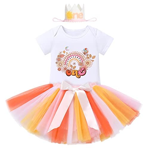 IBTOM CASTLE Baby Girl 1st Birthday Floral Lace Romper & Tutu Set+Crown Photo Clothes