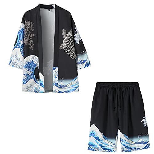 PRIJOUHE Mens Loose Fit Japanese Kimono Coat Jacket with Shorts