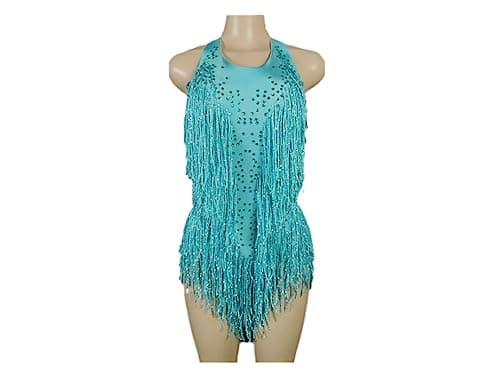 HEYDHSDC Sparkly Crystals Fringe Bodysuit Dance Costume