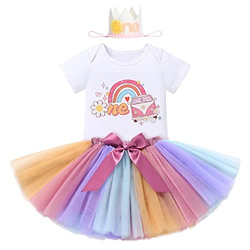 IBTOM CASTLE Baby Girl 1st Birthday Floral Lace Romper & Tutu Set+Crown Photo Clothes