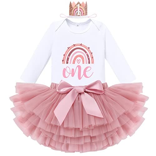 IMEKIS Boho Rainbow Baby Girl 1st & 2nd Birthday Outfit Romper + Tutu + Headband