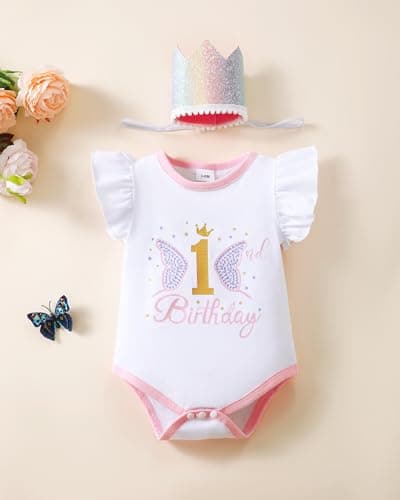 Renotemy Baby Girl 1st Birthday Outfit & Cake Smash Set with Hat