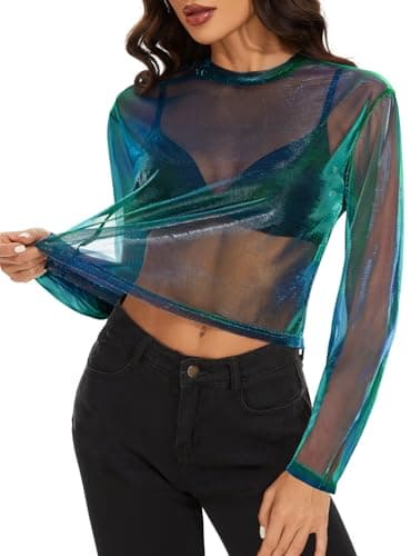 Women's Long Sleeve Bodycon Sheer Blouse See Through Mesh Top