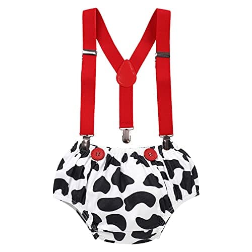 Farm Cow 1st Birthday Outfit for Baby Boy: Shorts, Suspenders, Headband, Bowtie