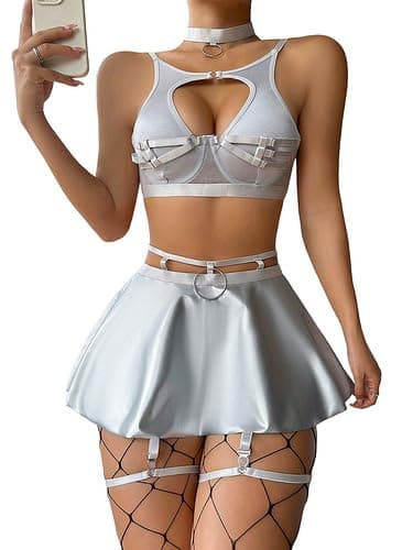 Allribelly Women's Rave Outfit Underwire Bra & Mini Skirt with Stockings Costume