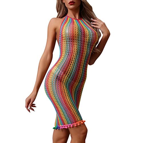 Rainbow Rave Outfit Fishnet Dress - Women's Music Festival Costume