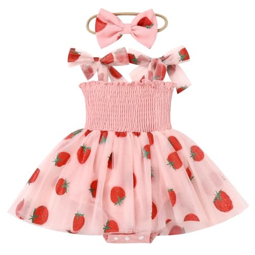 Baby Girl Strawberry Birthday Outfit: Boho Romper Dress with Headband for Summer Cake Smash Photoshoot