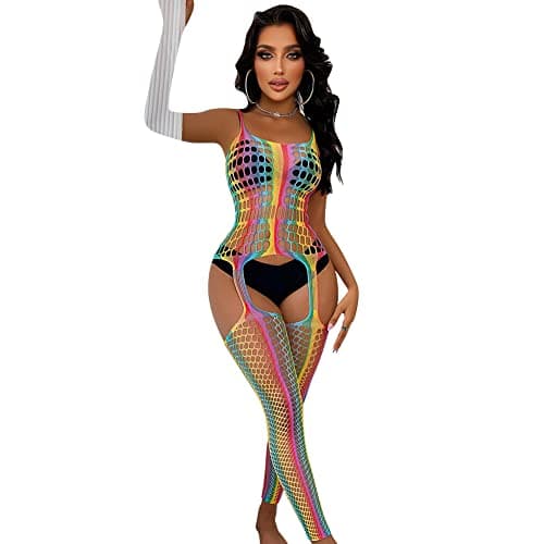 Rainbow Rave Outfit Fishnet Dress - Women's Music Festival Costume