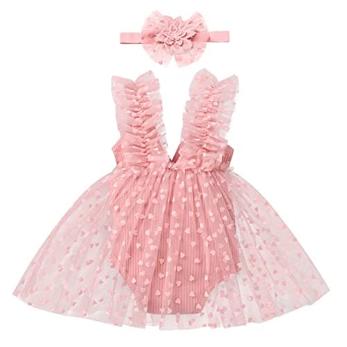 Newborn Baby Girl 1st Birthday Lace Tulle Romper Dress with Floral Headband