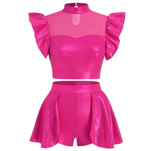 ODASDO Women Shiny Metallic Dance Outfit Crop Top + Skirted Shorts Set