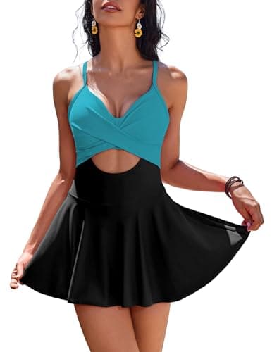 AI'MAGE Women's V-Neck One Piece Swim Dress with Tie Back Skirt