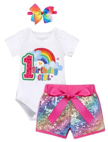 IMEKIS Baby Girl 1st Birthday Outfit & Romper with Sequin Shorts & Headband