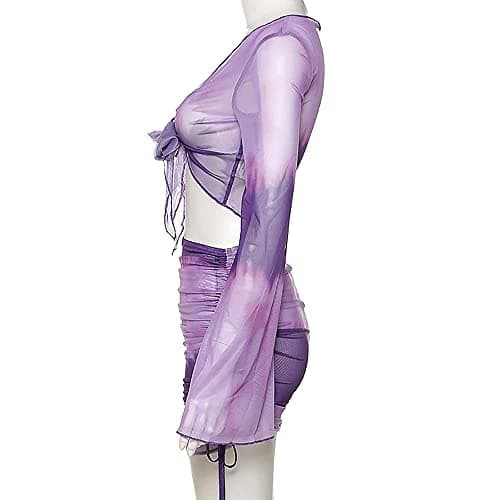 SHESEEWORLD Women's Sexy Long Sleeve Ruched Crop Top & Sheer Mini Skirt Sets