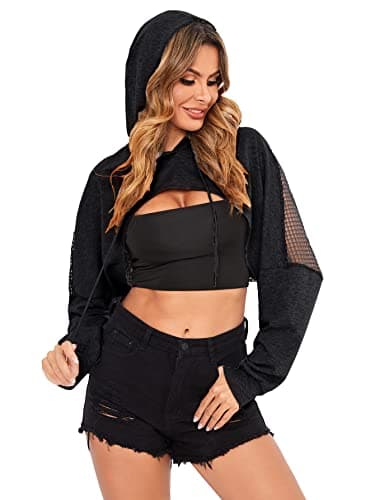 Verdusa Sheer Fishnet Drop Shoulder Hoodie Crop Sweatshirt