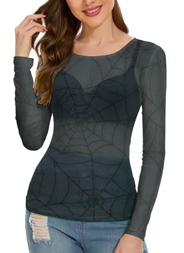 Women's Long Sleeve Bodycon Sheer Blouse See Through Mesh Top