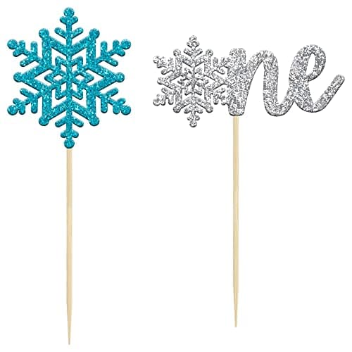 Gyufise 24 Pack Blue Silver Glitter Snowflake Cupcake Toppers for Winter Birthday