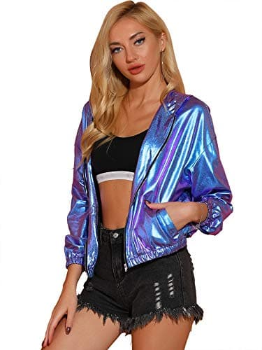 Holographic Shimmer Zipper Hooded Metallic Jacket for Women