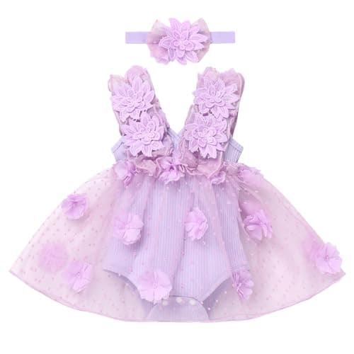 Newborn Baby Girl 1st Birthday Lace Tulle Romper Dress with Floral Headband