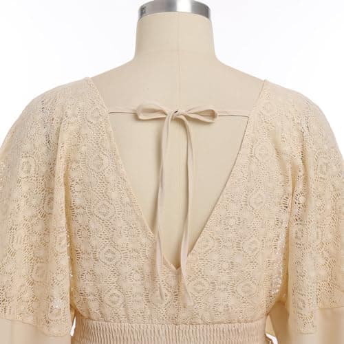 IMEKIS Women Lace V Neck Batwing Sleeve Tie Back A-line Party Dress