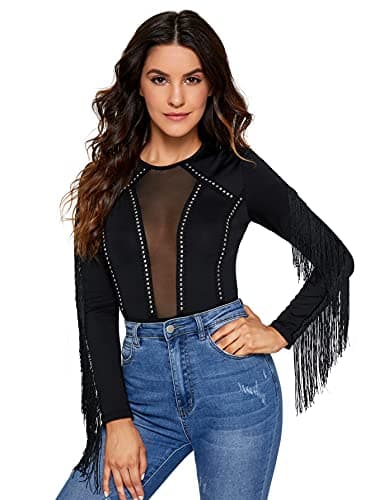 SweatyRocks Women's Sheer Mesh Cowgirl Bodysuit with Fringe Long Sleeves