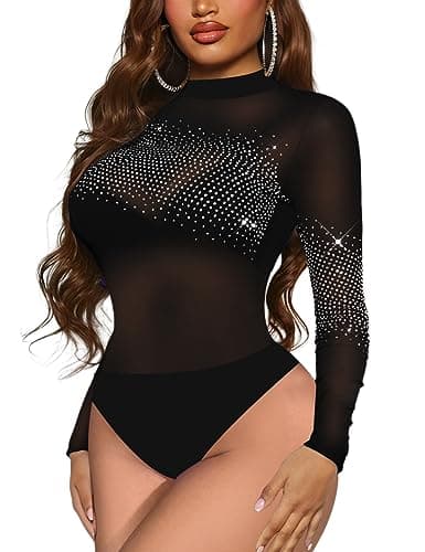 UEOIOW Women's Sheer Mesh Rhinestone Bodysuit Tops