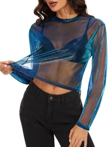 Women's Long Sleeve Bodycon Sheer Blouse See Through Mesh Top