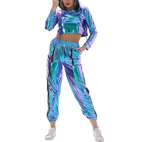 Shiny Metallic Hoodies for Women: Stretchy Holographic Sweatshirts