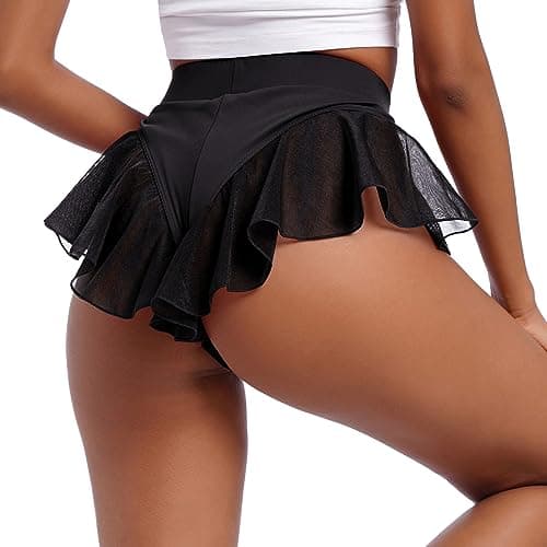 IMEKIS Women Pole Dance Shorts - Rave Bottoms with Ruffles Mesh