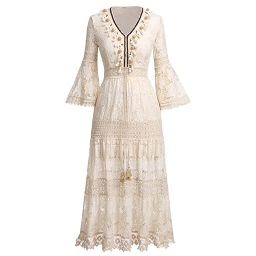 Boho Maxi Dress Lace Up Tassel V Neck Flare Wedding Beach Dresses