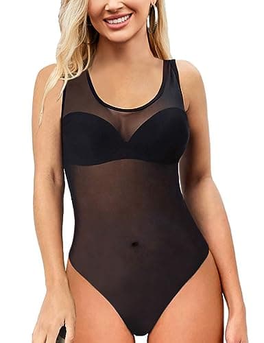 Sexy Rhinestone Studded Sheer Mesh Bodysuit for Women