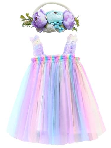 BGFKS Toddler Girl Rainbow Tulle Tutu Dress & Flower Headband Set