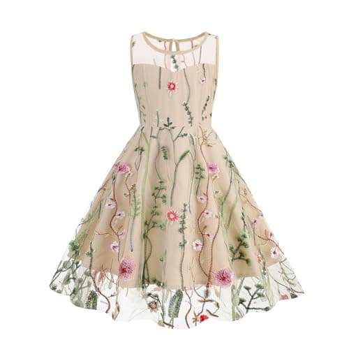 Embroidered Floral Lace Dress for Girls - Sleeveless Cocktail Swing Dress