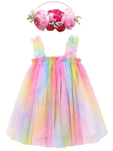 BGFKS Toddler Girl Rainbow Tulle Tutu Dress & Flower Headband Set
