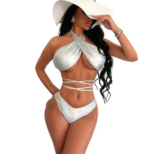 JUMISEE Women's Neon Hologram Strappy Bikini for Rave Party