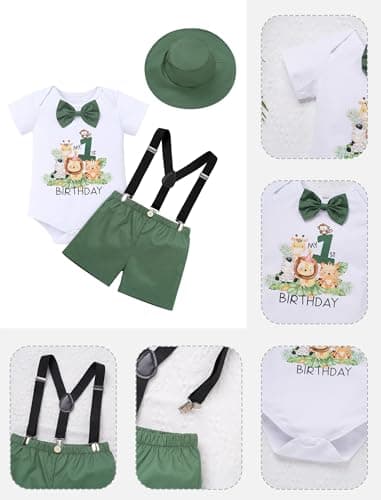 IMEKIS Baby Boys 1st Birthday Jungle Safari Romper Suspenders Shorts Hat Set
