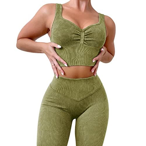 ABOCIW Women's Ribbed Seamless High Waist Scrunch Leggings with Sport Bra