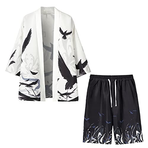 PRIJOUHE Mens Loose Fit Japanese Kimono Coat Jacket with Shorts