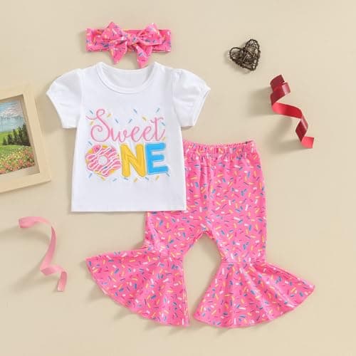 3Pcs Baby Girl Birthday Outfit Sweet One Two Short Sleeve T-Shirt Tops Bell Bottom Pants Set