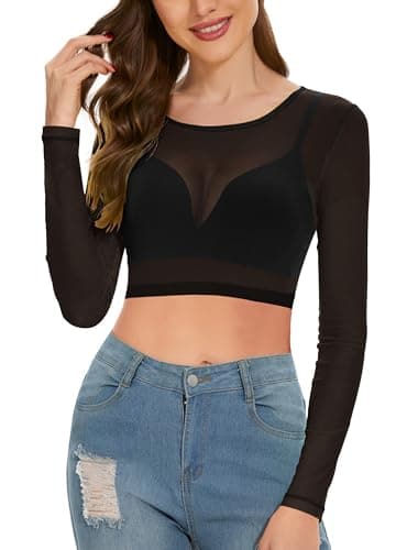 Women's Long Sleeve Bodycon Sheer Blouse See Through Mesh Top