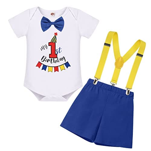 Baby Boy First Birthday Outfit with Bunting Flag Bow Tie Bodysuit Shorts Suspenders