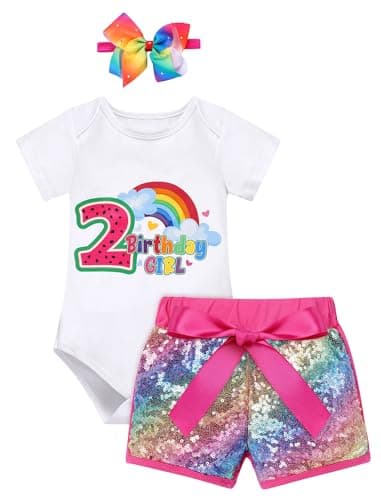 IMEKIS Baby Girl 1st Birthday Outfit & Romper with Sequin Shorts & Headband